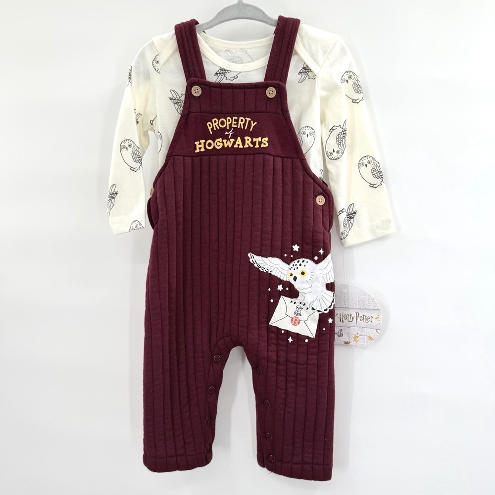 Harry Potter Hedwig Hogwarts Quilted Overalls Romper Bodysuit Set Baby 12M NWT